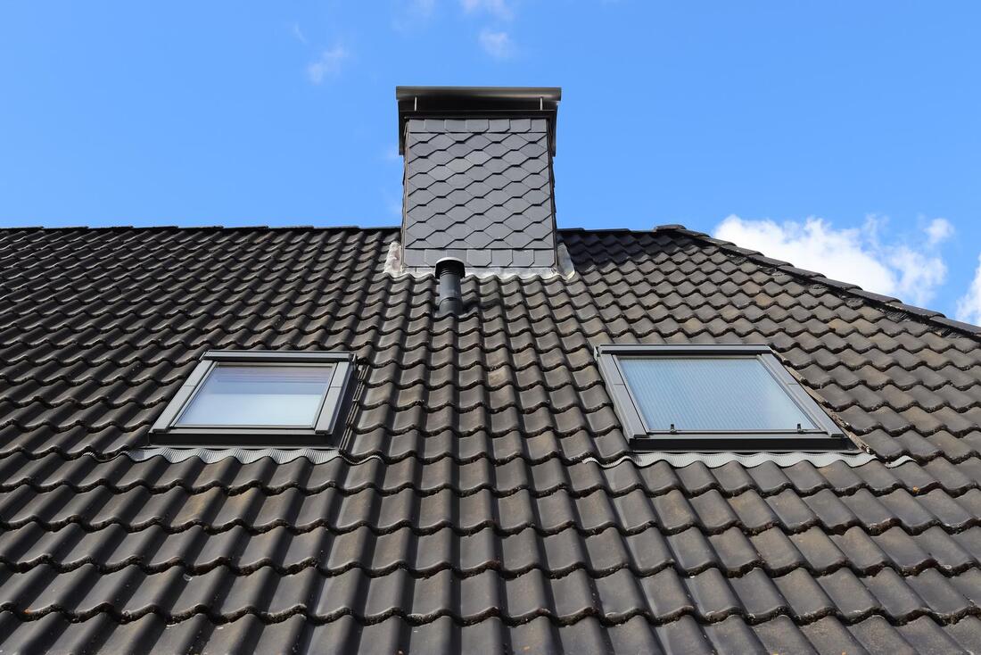 roof with chimney and skylights